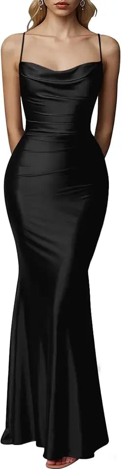 Women's Spaghetti Strap Cowl Neck Long Formal Dress