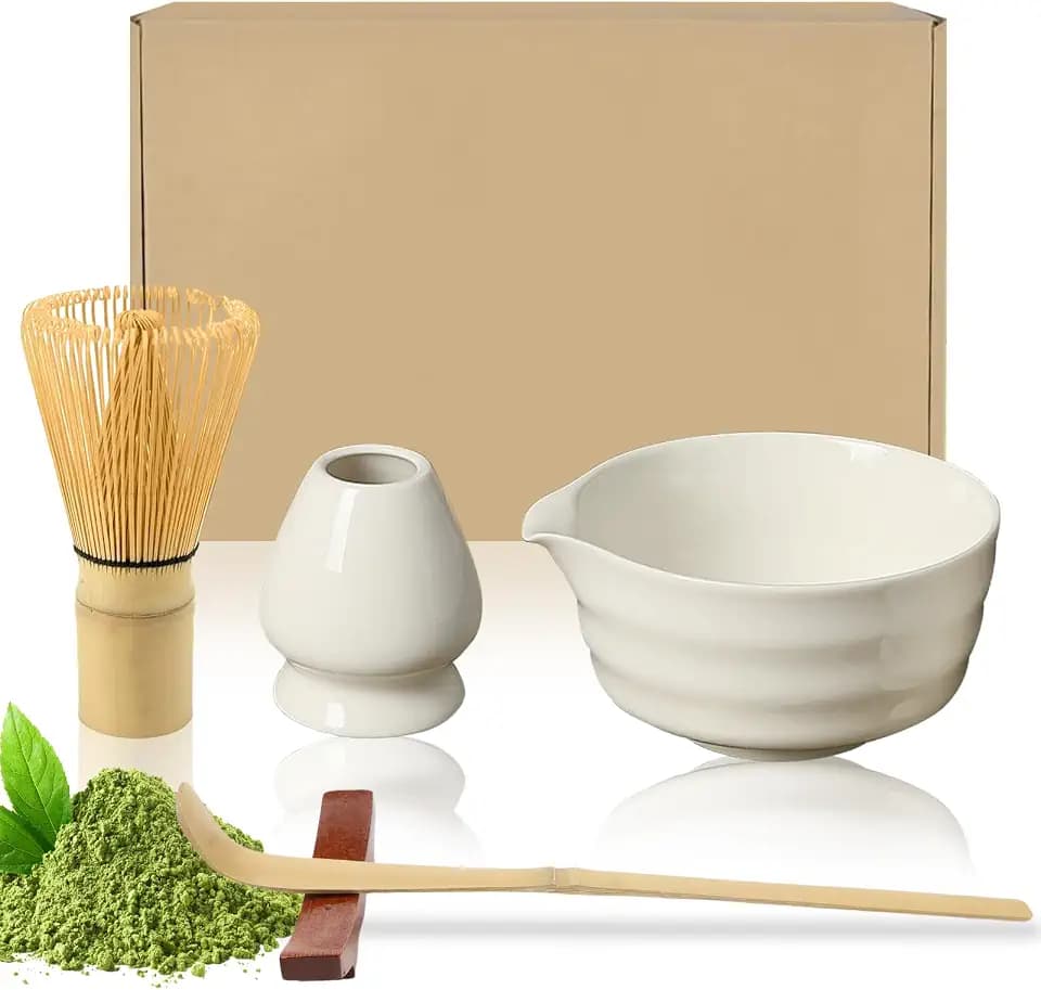 Raxfekro 5-Teiliges Matcha Set, Matcha Besen, Matcha-Schneebesen, Matcha Löffel, Matcha Schüssel mit Auslauf, Matcha Whisk, Keramik Matcha Tea Set (weiß)