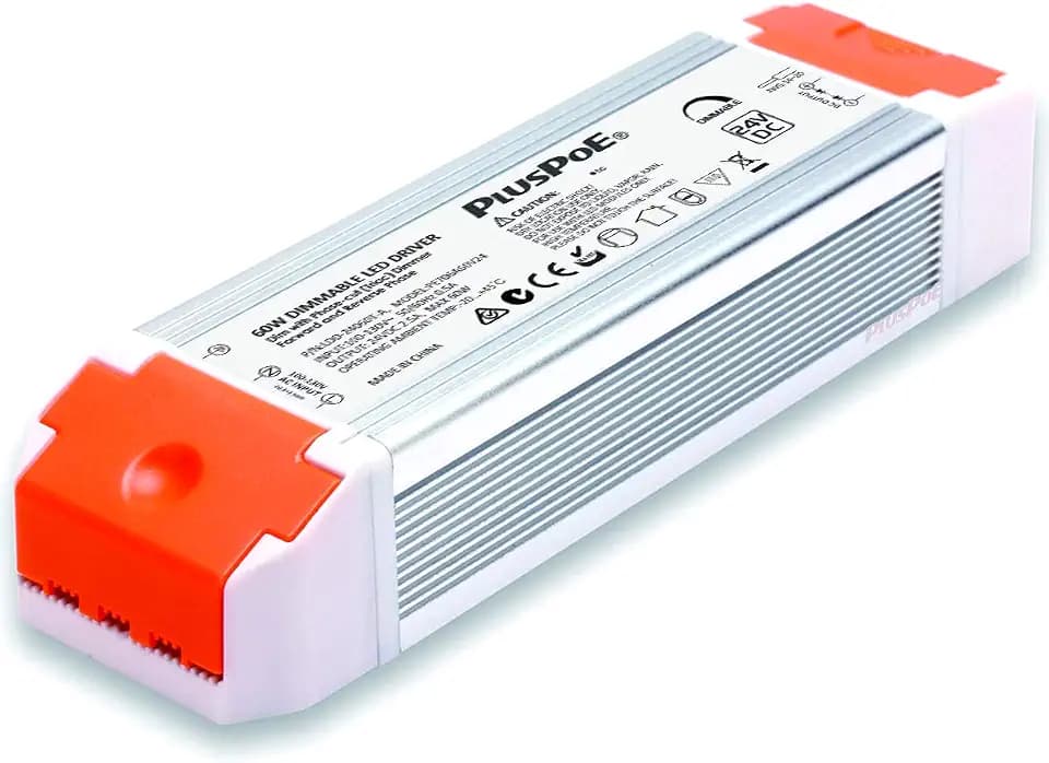 PLUSPOE 24V 60W Dimmable LED Driver, 110V AC - 24Volt DC 2.5A Transformer Electric Power Supply Adapter, 0-100% Dimming, Compatible with Lutron, Leviton Dimmers for LED Tape Cabinet Lighting