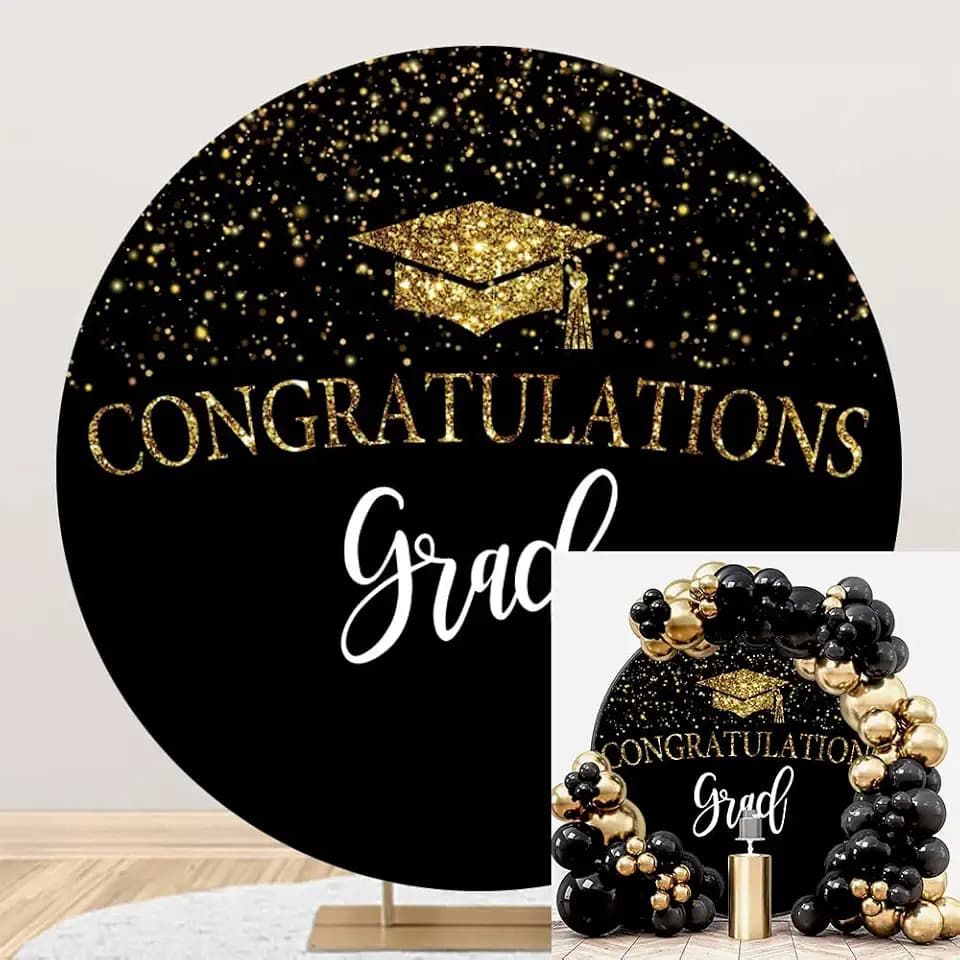 Graduation Round Backdrop Cover Congrats Grad Round Backdrop Black and Gold Congratulations Graduation Party Decoration Circle Background Arch Cover Photo Shoot Props 5x5ft