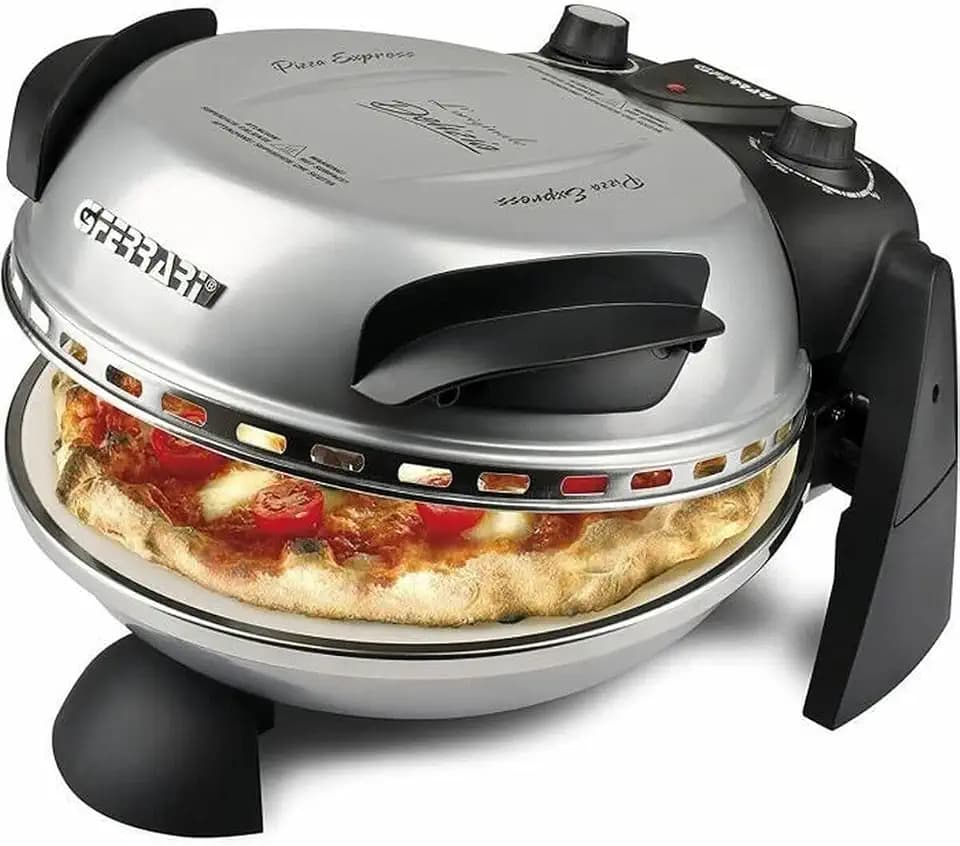 G3 Ferrari elektrischer Pizzaofen Delizia G1000606 silber, bis 400 Grad mit feuerfestem Naturstein/Pizza und Fladen uvm. in 3 Minuten/auch für Tisch und Garten, 33.5 x 20 x 35 (L x H x P) cm