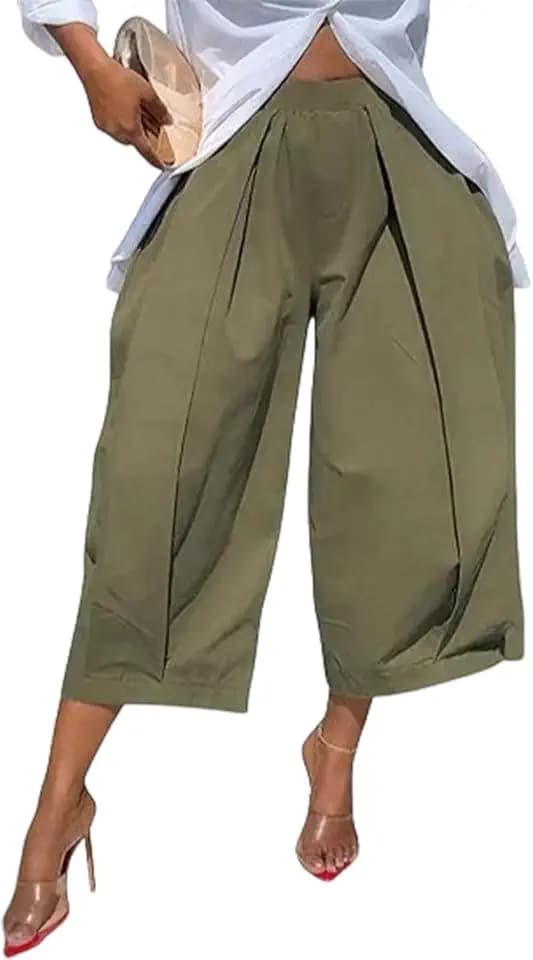 Famnbro Womens Wide Leg Capri Dress Pants Balloon Pleated Cropped Pants