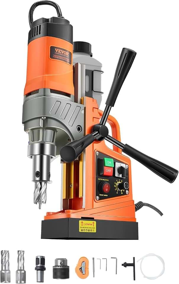 VEVOR Magnetic Drill, 1450W Motor 1.6 in Boring Diameter, 2810 lbf Portable Electric Mag Drill Press, with 2 Coring Bits, Variable Speed, Drilling Machine for Metal Surface, Home Improvement Industry