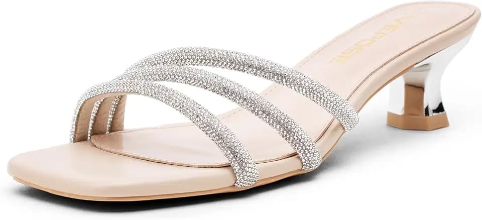 Vepose Women's Rhinestone Kitten Heel Sandals, Square Open Toe Mules 6100