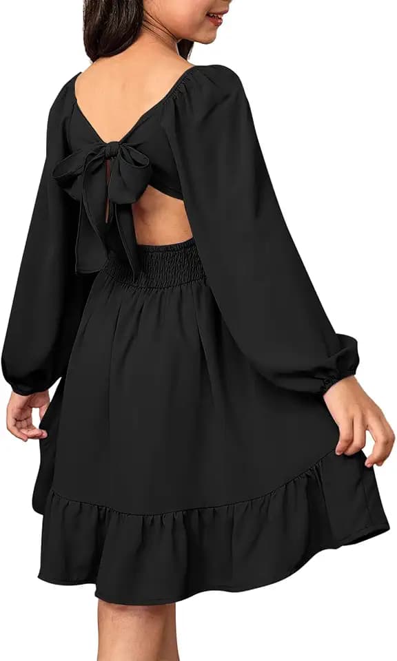blibean Girls Long Sleeve Tie Back Dress Fall Casual A-Line Ruffle