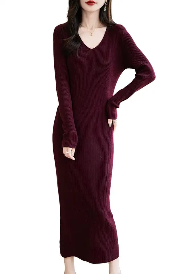 Pulloverkleid aus Merinowollmischung für Damen V-Ausschnitt 2025 Frühling Herbs Lässig Langarm Strick Pullover