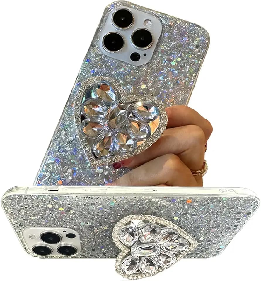 Sparkly Dazzling Case for iPhone 14 Pro with Rhinestone Stand Silver