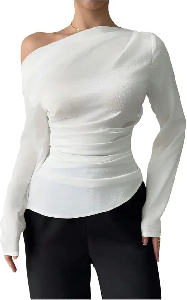 SHENHE Women's Off Shoulder Long Sleeve Blouse Dressy Going Out Asymmetrical Ruched Top