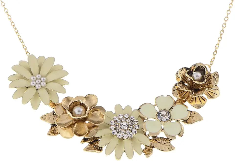 Alilang Womens Flower Rhinestones Pearl Statement Bib Golden Tone Necklace with Gray Yellow Enamel