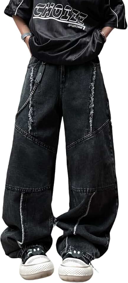 DFGIGT Mens Baggy Jeans Patchwork Y2k Hip Hop Wide Leg Denim Pants Casual Loose Fit Trousers Streetwear