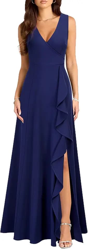 MUSHARE Women's V Neck Sexy Split Cocktail Dress with Pockets Ruffle Party Long Formal Dress