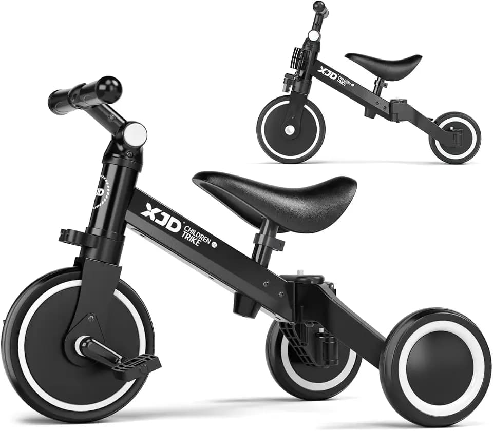 XJD 3 in 1 Laufrad Dreirad, Kinder Dreirad ab 1 Jahr, Laufräder Lauffahrrad mit verstellbarem Sitz und Lenker, Lauflernhilfe mit abnehmbares Pedal, Baby Fahrrad von 1-3 Jahren Jungen Mädchen (Schwarz)