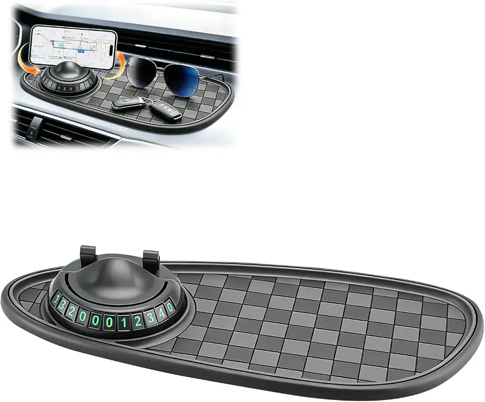 Multifunctional Car Anti-Slip Mat, 360° Rotatable Car Anti Slip Mat Phone Holder, Universal Dashboard Pad with Temporary Parking Number, Dashboard Accessories for Sunglass Chapstick (Black Gray)
