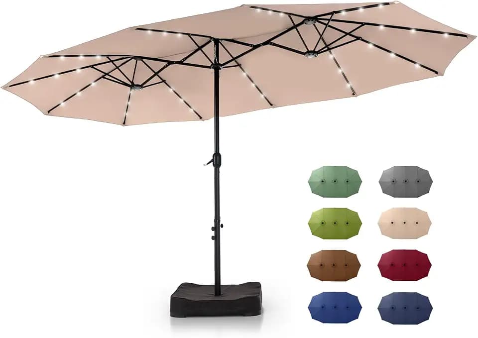 GREEN PARTY 15 ft Large Outdoor Patio Umbrella with Solar Led Lights & Base