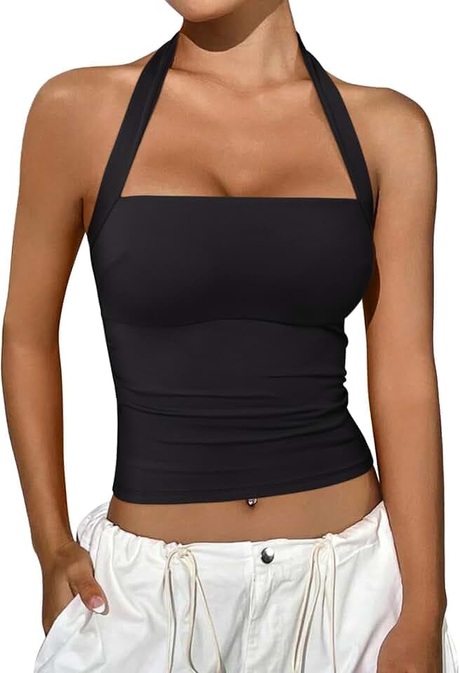 REORIA Halter Tops for Women Summer Sleeveless Going Out Outfits Y2K Trendy Cute Crop Tank Top Clothes