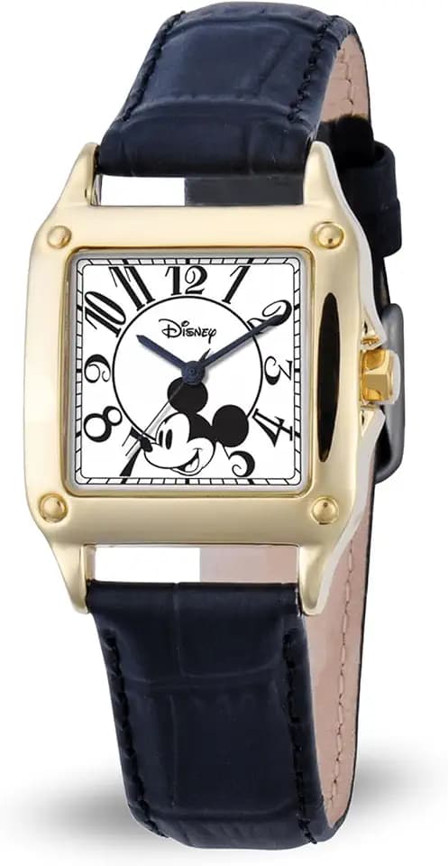 Disney Classic Mickey Mouse Square Watch for Women – Elegant Women's Mickey Mouse Watch, Gift Fans and Collectors – Stylish Watches with Golden Bezel, Stainless Steel Bracelet