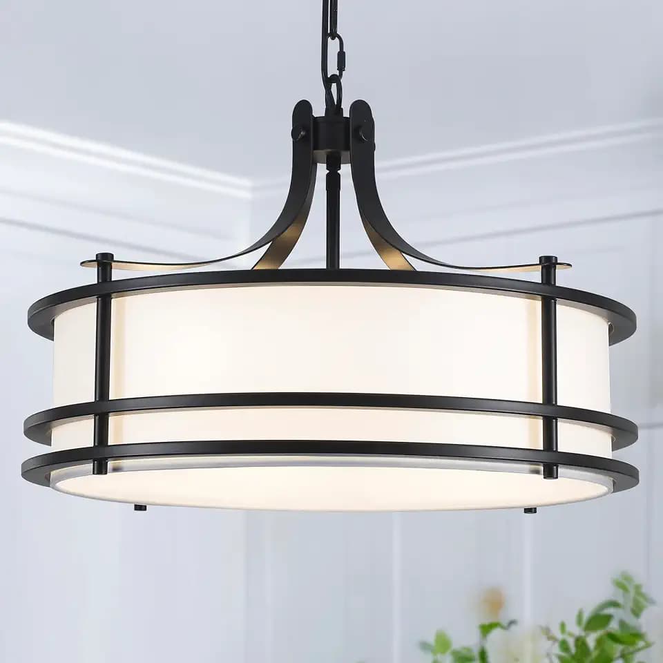 20" Black Drum Chandelier with Modern White Fabric for Dining Room
