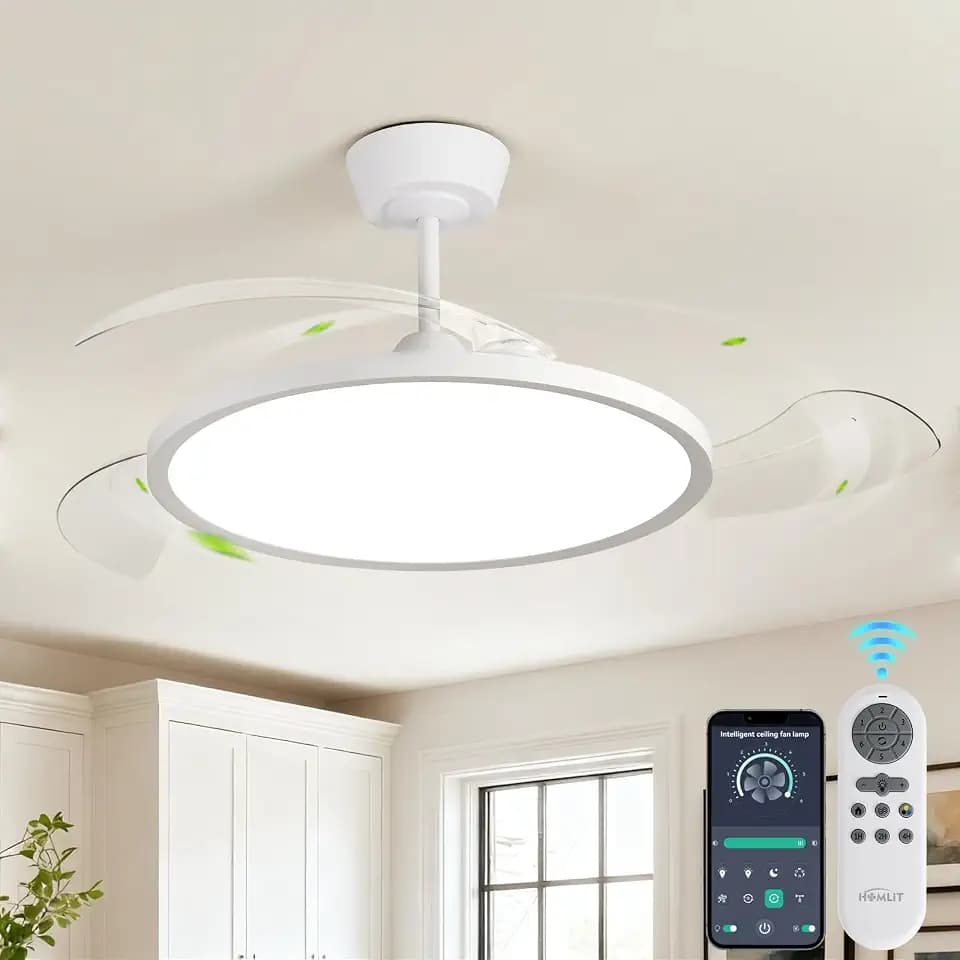 Retractable Ceiling Fan with Lights, 42 Inch Low Profile Ceiling Fan with Remote/APP Control, Retractable Blades, Dimmable Full Spectrum, Modern Fandelier for Bedroom Living Room Dining Room