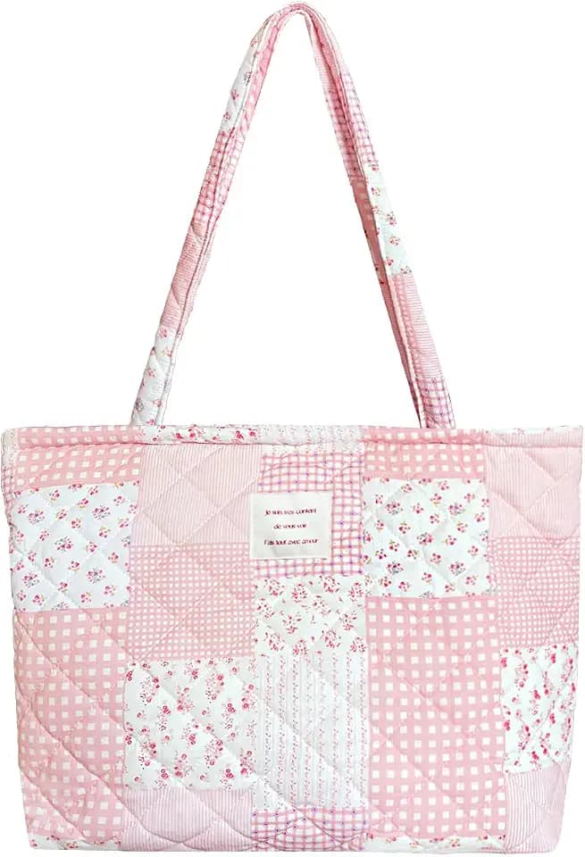 Small Floral Quilted Tote Bag with Zipper Closure for Women Girls