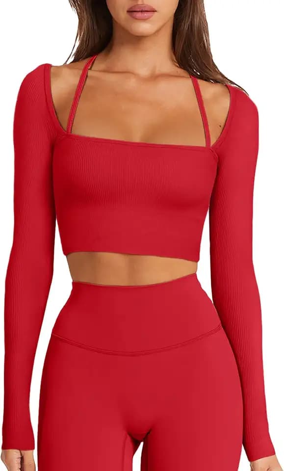LASLULU Womens Sexy Halter Neck Crop Top Seamless Long Sleeve Workout Tops