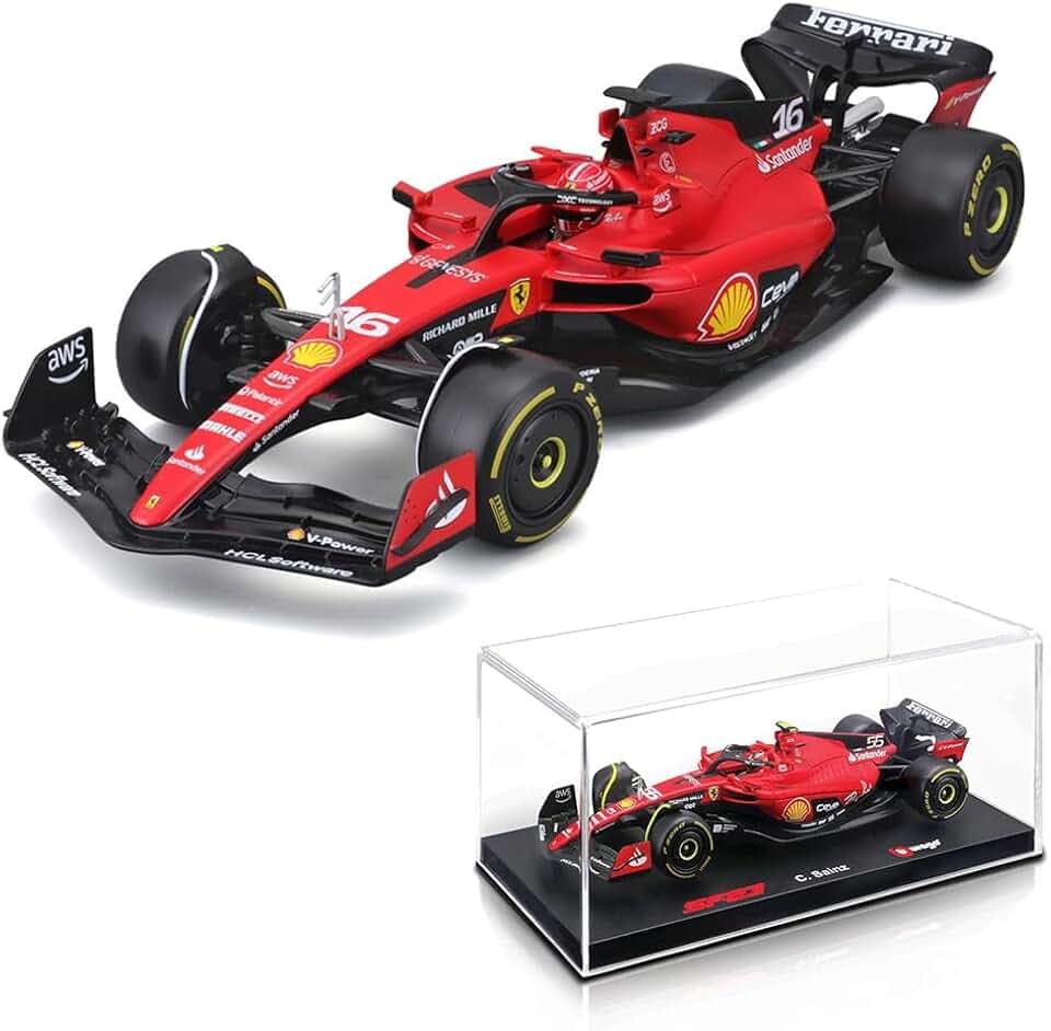 Bburago Formel 1 Ferrari SF-23 (2023): Modellauto im Maßstab 1:24, von Fahrer #16 Charles Leclerc Hardcase, 26 cm, rot (18-26808L)