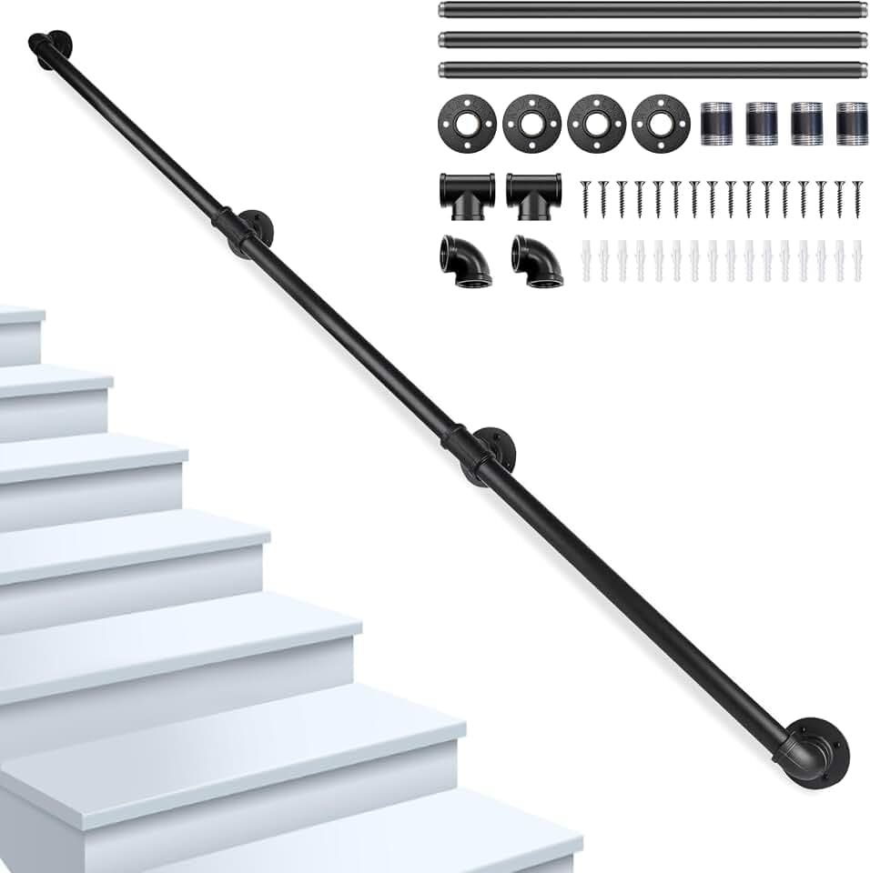 Handlauf Treppe, Handläufe für Treppen, Treppenhandlauf Verzinktes Rohr für Altere Behinderte Kinder, Treppengeländer Innen Außen, Sicherheitshandlauf Schwarz rutschfeste mit Zubehör, 300CM