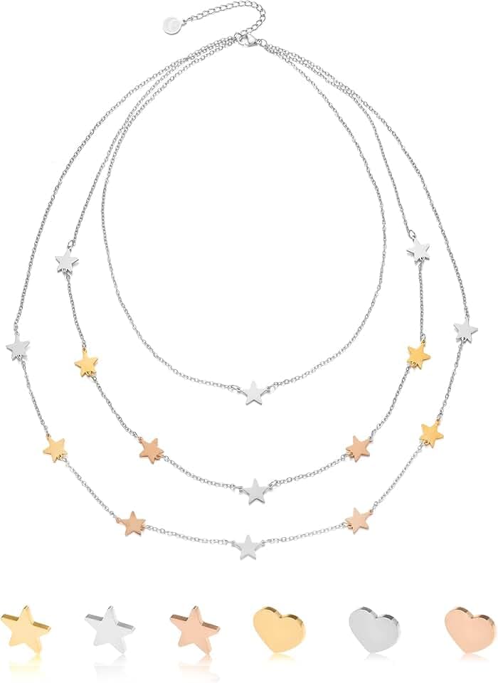 inSCINTILLE Damen Halskette Sterne & Herzen aus Edelstahl, Mehrreihige Kette 1/2/3 Lagen, Verstellbare Länge, Geschenkbox Inklusive