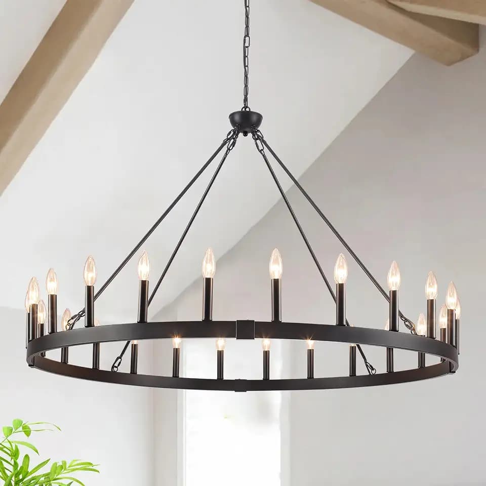 24 Light Black Wagon Wheel Chandelier, 48" Extra Large Chandelier