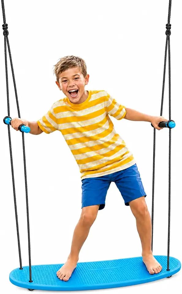 Swurfer Kick Stand Up Surfing Tree Swing Outdoor Swings for Kids Up to 200 Lbs - Hang from Up to 10 Feet High - Includes 24" SwingBoard, UV Resistant Rope, & Handles