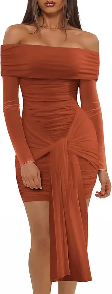 Ophestin Off The Shoulder Dress for Women Long Sleeve Ruched Bodycon Dress