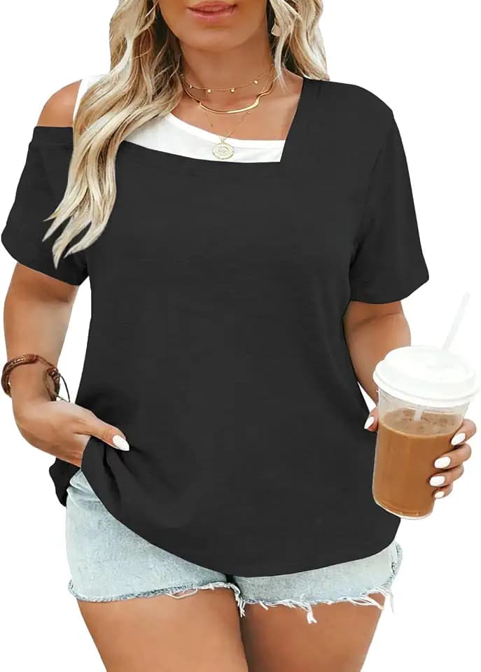VISLILY Womens-Plus-Size-Summer-Tops Trendy Color Block T Shirts Casual Cold Shoulder Tunics Cute Short Sleeve Blouses XL-5XL