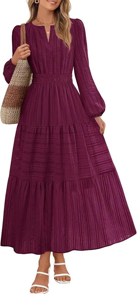 MEROKEETY Womens Fall Puff Long Sleeve Casual V Neck Modest Midi Maxi Dress