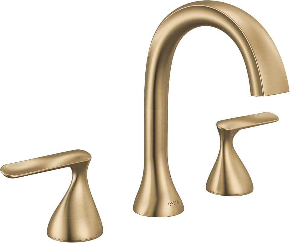 Delta Bonacci Brushed Gold Bathroom Faucet 3 Hole, 8 Inch Widespread Bathroom Sink Faucet for Vanity, Metal Push-Pop Drain Assembly, Lumicoat Champagne Bronze 3545-CZ-PR-DST