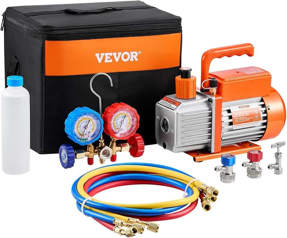 VEVOR 3,5 CFM AC-Vakuumpumpe und Manometer-Set, einstufige Drehschieber-HVAC-Luftvakuumpumpe, A/C-Kältemittelverteiler-Manometer-Kit, mit Schläuchen, Klimaanlagenkühlung für R134a, R12, R22, R502a