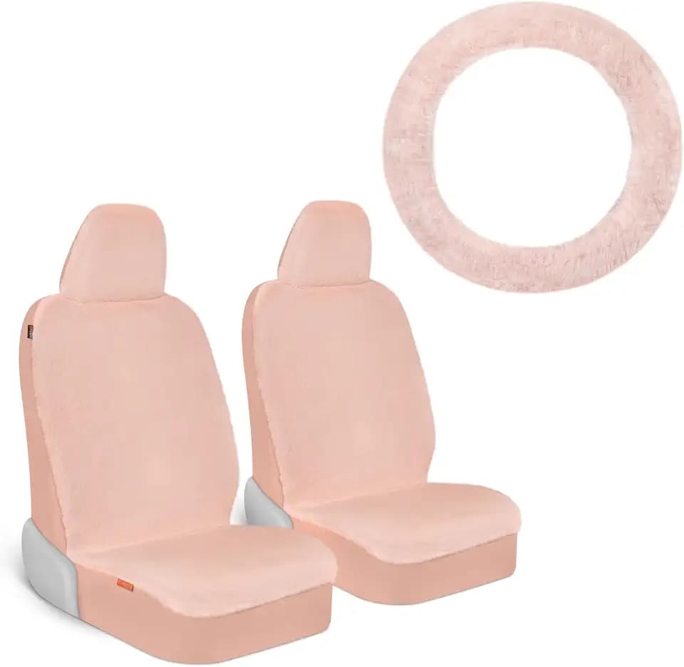 Carbella Soft Pink Sheepskin Car Seat Covers for Women with Steering Wheel Cover, Car Accessories for Women