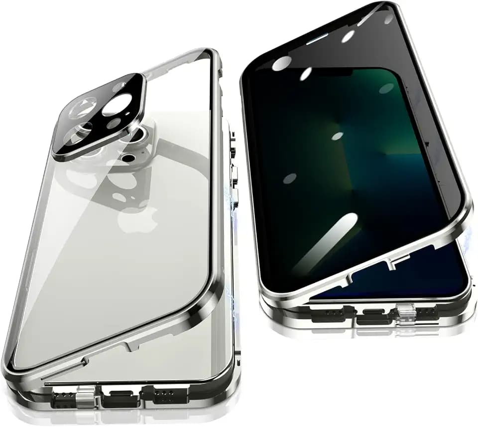 Anti Peeping Hülle für iPhone 13 Pro (6,1"), 360 Grad Schutz Case, Privatsphäre Gehärtetes Glas Anti-Spähen Cover, Stark Magnetische Adsorption Metallrahmen Handyhülle für 13 Pro (Silber)