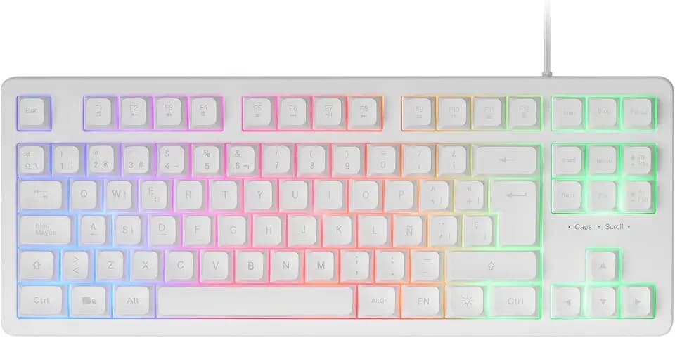 Mars Gaming MK023, Spanische Sprache, Gaming Tastatur TKL, Hybrid H-Mech Technologie, FRGB Regenbogenbeleuchtung, Anti-Ghosting, Universelle Kompatibilität, Weiß
