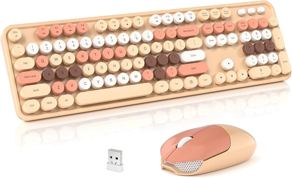 Wireless Keyboard and Mouse Combo, 2.4GHz Retro Full-Size Typewriter Keyboard with Number Pad and Wireless Mouse for PC/Laptop/Desktop/Windows (Milk Tea Colorful)