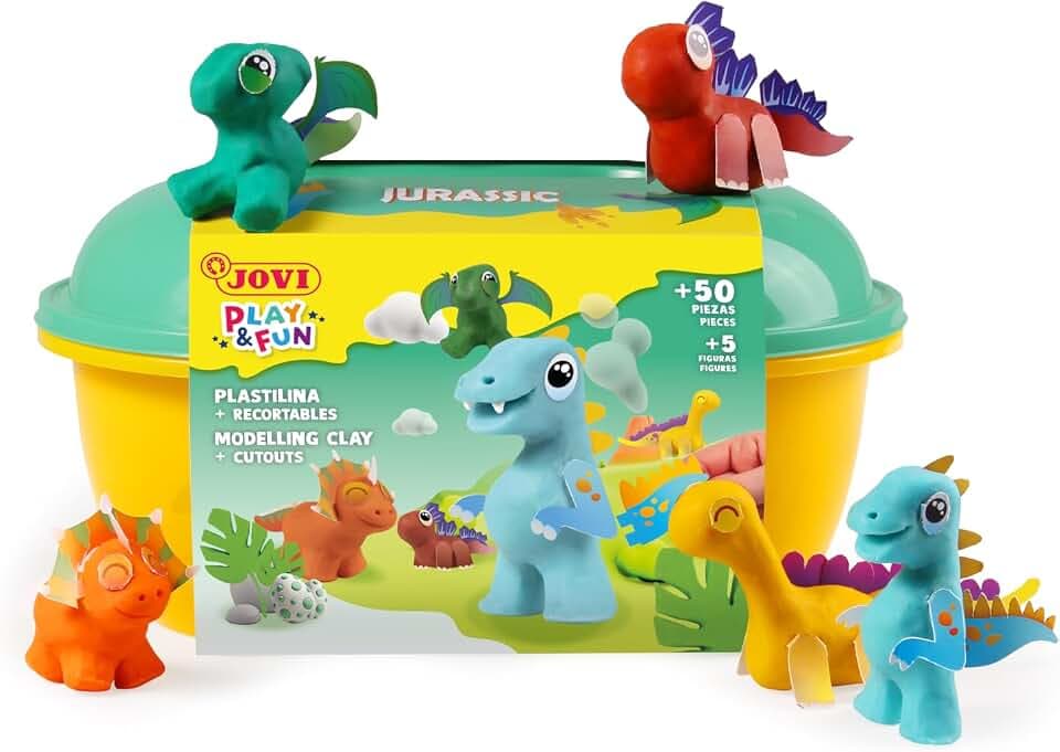 Jovi - Play&Fun Jurassic Dinosaurierknete Set, 24 Tabletten à 15 g, 3 Schablonen mit Ausschnitten und 3 Modellierwerkzeuge, Geschenke und Bastelarbeiten für Kinder ab 3 Jahren