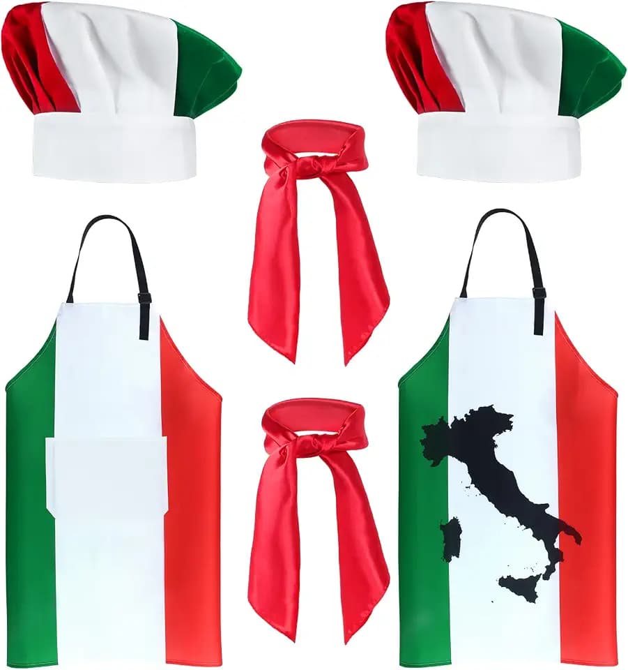 Kyson 6 Pieces Italian Flag Chef Costume Italian Pizza Chef Bib Apron and Hat Bandanas for Adult Baking Grilling Cooking