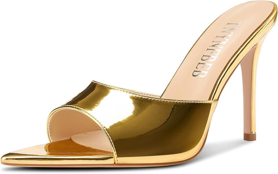 TNYNFBEB Womens Stiletto High Peep Open Pointed Toe Sandals Mules Shoes Slip-on Slingback Office Party Dress Patent Leather Summer 3.9 Inches Heels