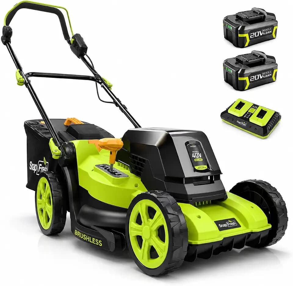 SnapFresh Akku-Rasenmäher 40 V Brushless, 40 cm Schnittbreite, bis 600 m², 45 L Fangkorb, 25–75 mm Schnitthöhe, mit Mulchfunktion, inkl. 2 x 4,0 Ah Akkus & Ladegerät, klappbarer Führungsholm