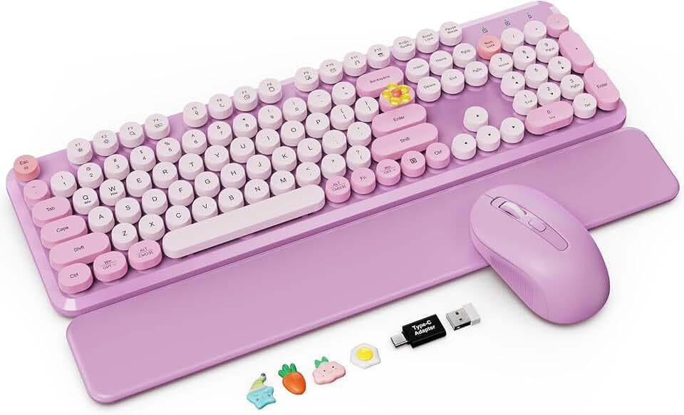 Wireless Keyboard Mouse Combo, Purple, Round Keycaps, Magnetic Wrist Rest