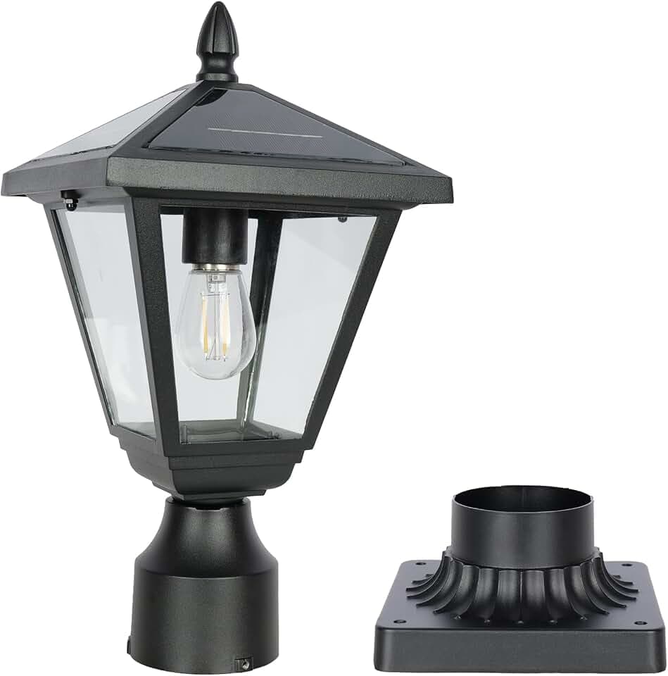 Solar Post Lamp Lights, Metal and Glass Built Dusk to Dawn Solar Post Lights with Pier Mount Base, 6000K Outside Lights Outdoor Waterproof for Garden Yard Pole Pillar(Cool White)