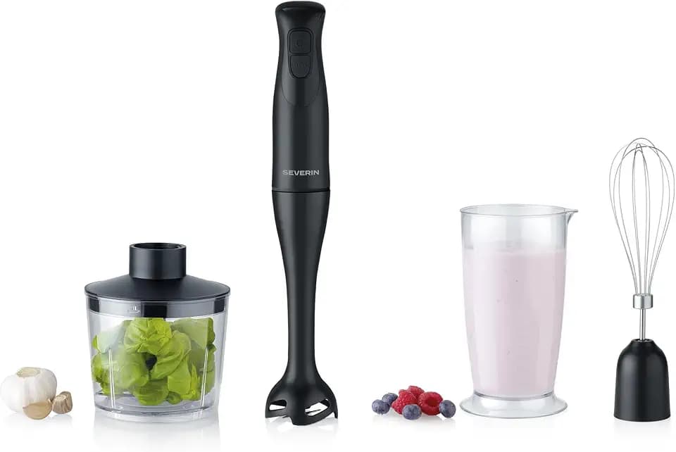 Severin 4-in-1 Stabmixer inkl. 700ml Mix- & Messbecher, Schneebesen, Zerkleineraufsatz, Mixstab, abnehmbarer Pürierfuß, Turbotaste, Easy Click System, für Smoothies, Shakes, 350W, schwarz, SM 3762
