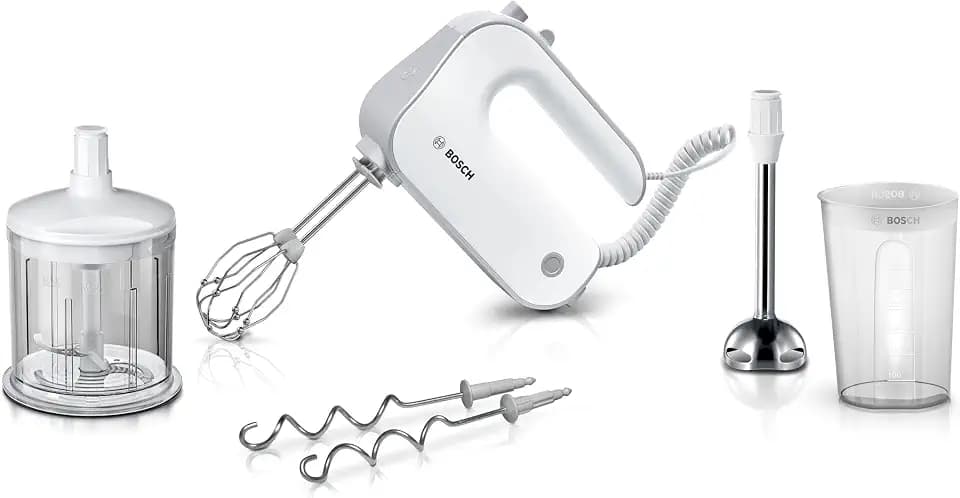 Bosch Handrührgerät, 2 Rührbesen, 2 Edelstahl-Knethaken, spülmaschinenfest, Zerkleinerer, Pürierstab, Mixbecher, 5 Stufen, Turbostufe, leicht, 500 W, weiß/silber, MFQ4080