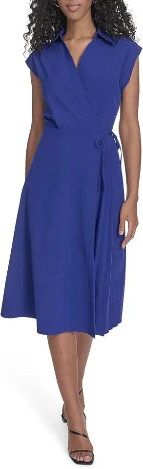 Calvin Klein Women's Cap Sleeve Collared Tie Waist Midi Shirtdress