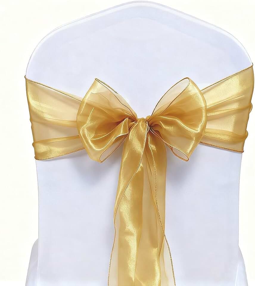 Organza Gold Chair Sashes 50 Pack Universal Chiffon Ties Ribbons for Wedding Christmas Party Reception Ceremony Banquet Decor, Gold Chair Bows for Chairs