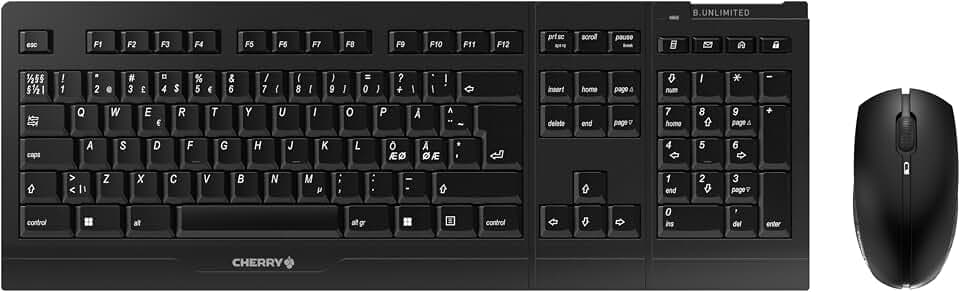 CHERRY B.Unlimited 3.0, Kabelloses Tastatur- und Maus-Set, Pan-Nordisches Layout (QWERTY), 2,4 GHz Funk, Dauerhaft Abriebfeste Tasten, Wiederaufladbar, Schwarz