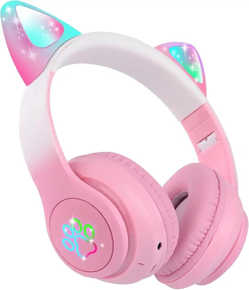 Kids Wireless Headphones LED Light up Cat Bluetooth Headphones, Color Changing Cat Ear Wireless Headsets with Microphone for Kids/Girls/School/Christmas (Pink Pro)